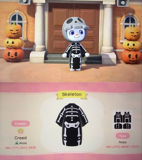 Animal Crossing Skeleton Design, Acnh Skeleton Design, Anch Halloween, Skeleton Outfit, Acnh Halloween, Skeleton Clothes, White Skin Tone, Acnh Design, Skeleton Design