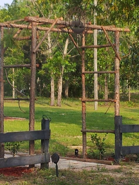 Rustic arbor, trellis made from pine saplings. Rustic Arbor, Backyard Garden Layout, Backyard Garden Landscape, Natural Playground, Low Maintenance Garden, Homestead Survival, Wedding Garden, Diy Pergola, Backyard Garden Design