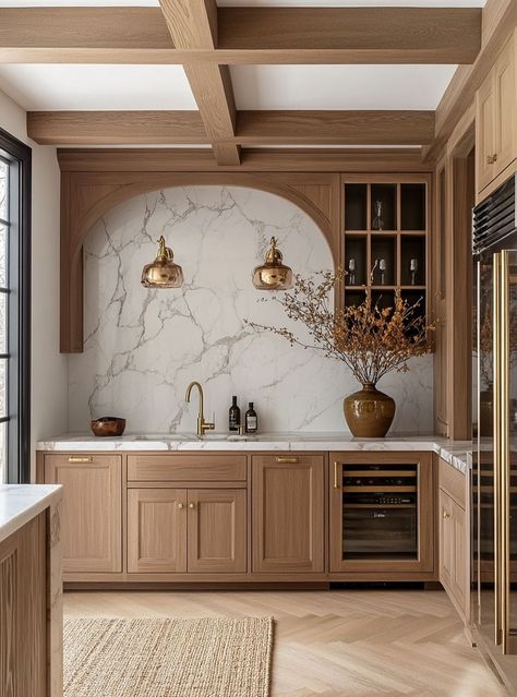 Transitional Neutral Kitchen, Painted Brown Cabinets Kitchen, Oak Kitchen Cabinets With Gold Hardware, Marble Kitchen Hood, Curved Backsplash Kitchen, 8 Ft Island Kitchen, Quiet Luxury Kitchen, Large Kitchen Hood, 2025 Kitchen Trends