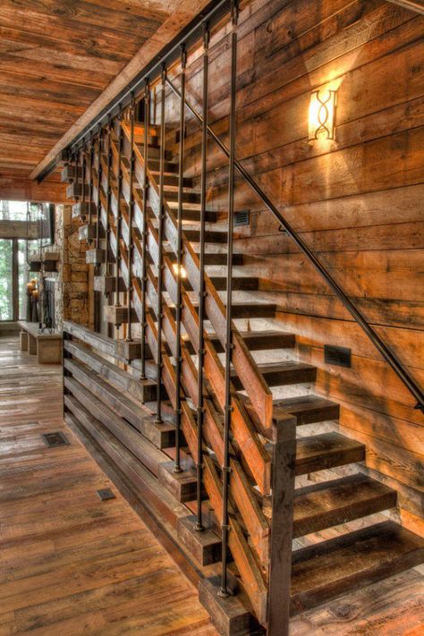 17 Splendid Rustic Staircase Designs To Inspire You With Ideas Cabin Stairs, Christmas Lights On House Exterior, Lighting Tree, Christmas Lights On House, Cosy Cabin, Rustic Staircase, Porch Diy, Rustic Stairs, Rustic Lake Houses