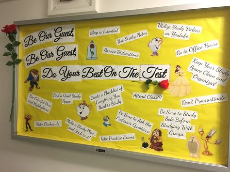 "Be Our Guest, Be Our Guest, Do Your Best on the Test" RA Beauty and the Beast themed Bulletin Board with study tips Beauty And The Beast Bulletin Board, Pta Themes, Disney Bulletin Boards, Dorm Themes, College Bulletin Boards, Ra Bulletins, Ra Boards, Ra Bulletin Boards, Student Affairs