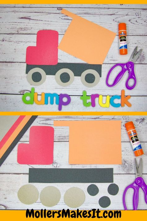 Are you looking for a simple but fun Construction themed  craft to make with your kiddos?  This  adorable Dump Truck Craft Template is perfect for toddlers, preschoolers,  kindergarteners, and elementary aged kids.   It’s great for a classroom, a cute homeschool craft activity, or a cut  and glue craft to put together at home with your kids.  Perfect for an easy print and go activity.  For more adorable and simple craft templates  visit MollersMakesIt.com. Trucks Crafts Preschool, Mechanic Preschool Craft, Dump Truck Art Preschool, Garbage Crafts For Preschool, Build A Truck Preschool Activity, Bulldozer Craft Preschool, Tools And Machines Preschool Crafts, Construction Worker Preschool Crafts, Trash Truck Craft Preschool