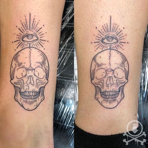 Matching line work skulls tattooed by Chris Curtis. #12ozstudios #team12oz #tattoo #tattoos #tattooed #tattooing #tattooism #tattooart #tattooartist #tattooer #tattooist #art #artstudio #tattooshop #tattoostudio #ink #inked #linework #lineworktattoo #outline #outlinetattoo #skull #skulls #skulltattoo #skulltattoos Matching Skull Tattoos, Simple Skull Tattoo, Best Friend Tattoo Ideas, Friend Tattoo Ideas, Best Friend Tattoo, Romantic Tattoo, Simple Skull, Matching Best Friend Tattoos, Bestie Tattoo