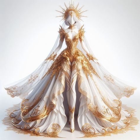 Goddess Outfit Design, Sun Themed Wedding Dress, Sun Wedding Dress, Fantasy Dress Design Art, Sun Themed Dress, Sun Inspired Dress, Sun Aesthetic Outfit, Outfits Goddess, Sun Inspired Outfit