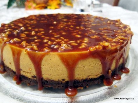 Bourbon Pumpkin Cheesecake | KALOFAGAS | GREEK FOOD & BEYOND Baklava Cake, Baklava Cheesecake, Cookie Deserts, Salted Caramel Cheesecake, Sea Salt Caramel, Creamy Cheesecake, Pumpkin Cheesecake, Yummy Sweets, Caramel Sauce