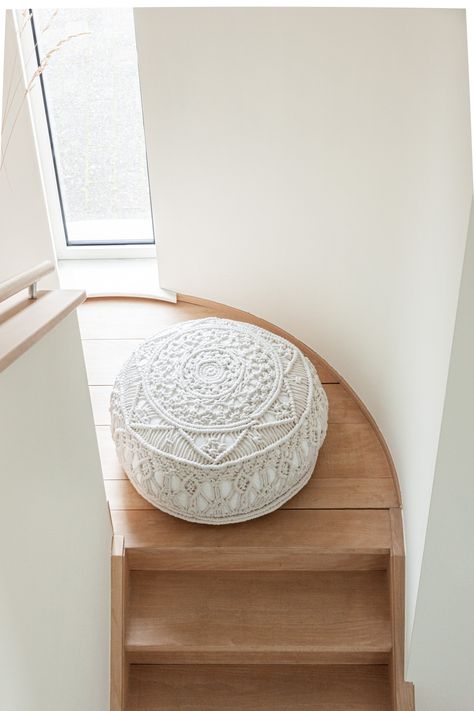 Handmade macrame pouf made from 100% recycled cotton Velvet Couch, Floor Pouf, Macrame Decor, Handmade Macrame, Macrame Projects, Cotton Wool, Macrame Diy, Recycled Cotton, Macrame