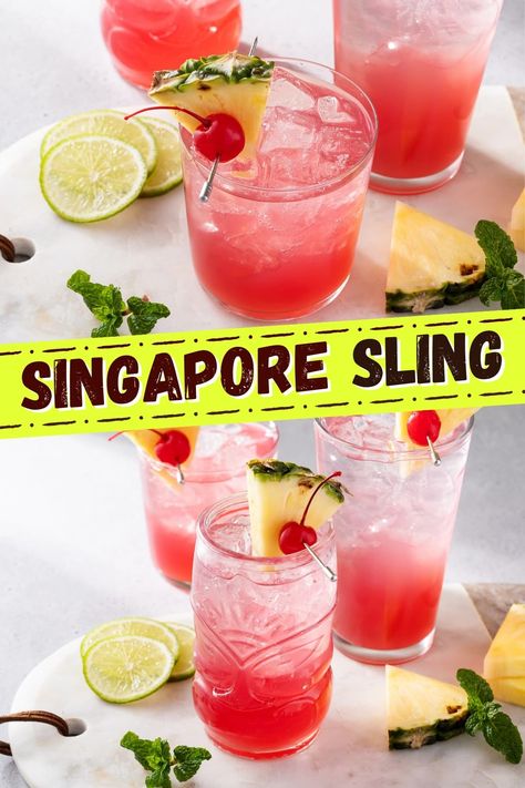 In the mood for a fun and fabulous good time? Try the Singapore Sling today! This tropical cocktail is fruit-forward, fizzy, and just plain delicious. Singapore Sling Cocktail, Singapore Sling, Cherry Brandy, Cherry Liqueur, Dinner Theatre, Angostura Bitters, Dinner Recipes Crockpot, Gin Cocktails, Maraschino Cherry