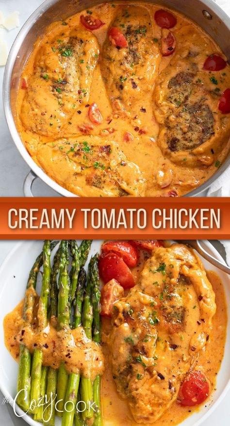 Tomato chicken in a creamy sauce with cunks of tomatoes Dishes With Tomato Sauce, Chicken And Cherry Tomato Pasta, Tomato Basil Chicken Sausage Recipes, Dinner Ideas With Fresh Tomatoes, Golden Tomato Recipes, Meals With Fresh Tomatoes, Red Sauce Meals, Roma Tomatoes Recipes Dinners, Recipes With Lots Of Tomatoes