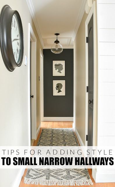 How to add style to a small hallway. A narrow hallway gets a sleek modern makeover with lots of contrast and texture. #hallway #moderndecor #modernfarmhouse #smallspaces #highcontrast #decor Hallway Update, End Of Hallway, Narrow Hallways, Hallway Makeover, Dark Hallway, Hallway Inspiration, Narrow Hallway Decorating, Hallway Wall Decor, Hallway Designs