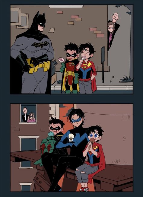 Batman And His Sons, The Bat Family Art, Bat Family Comics, Damijon Comic, Bat Family Funny, Robin X Superboy, Batman And Damian, Robin And Superboy, Bat Family Fanart