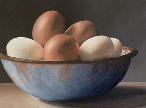 Egg Drawing Art, Egg Painting Canvas, Egg Dishes Drawing, Bowl Of Lemons Painting, Egg Tempera Painting, Peach Painting, Paint Filled Eggs On Canvas, Scratchboard Drawings, Intermediate Art