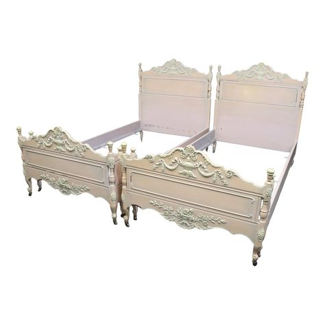 Adams style pair of pink twin beds with French carved urn and barbell accents in cream. headboard 29.5" Vintage Wooden Bed Frame, Twin Sized Bed Frame, Victorian Beds, Cream Headboard, Pink Twin Bed, Painted Bed Frames, Baroque Bedroom, French Princess, Antique French Bed