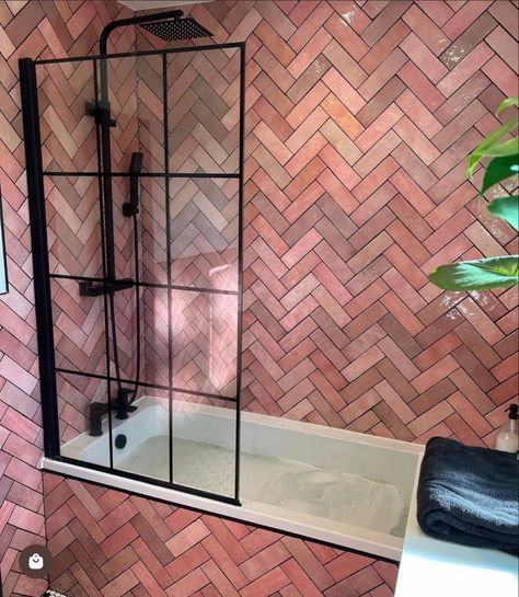 Herringbone Bathroom, Tile Moroccan, Pink Tile, Moroccan Bathroom, Victorian Renovation, Tile Brick, Rustic Tile, Tiles Ideas, Brick Tile