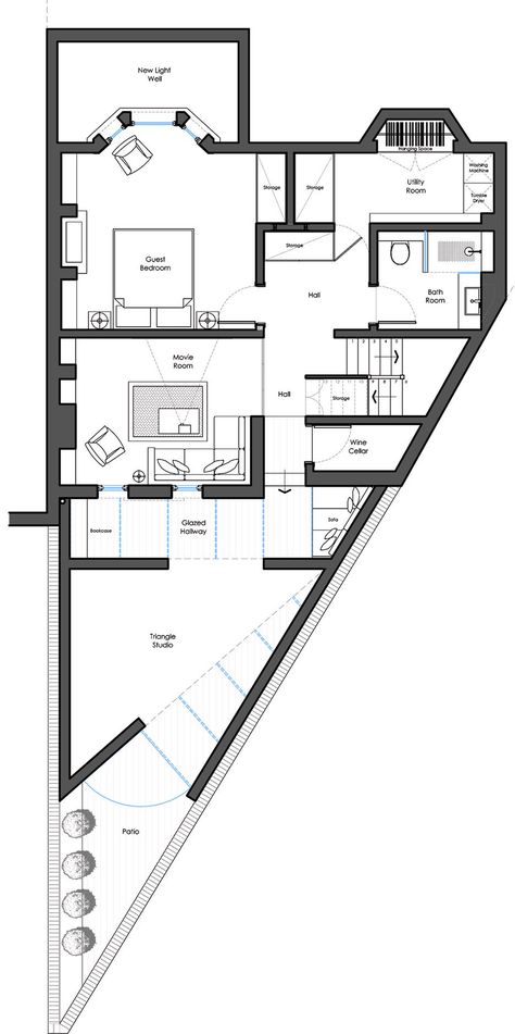 Hackney-based Yellow Cloud Studio has designed a triangular glass and plywood extension for a Victorian house in east London that makes a virtue of its awkward space. Triangular House Design, Triangular Plot House Plans, Trapezoid House Plan, Artist House Plan, Triangular Extension, Triangular Architecture, Triangle Building, Uk Architecture, Triangle House