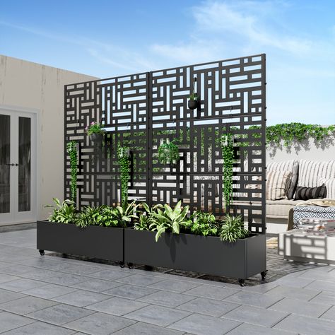 Latitude Run® Metal Planter Box with Trellis with Wheels | Wayfair Trellis With Planter, Planter Box With Trellis, Metal Trellis, Metal Planter Boxes, Diamond Trellis, Trellis Plants, Deck Box Storage, Climbing Vines, Metal Planters