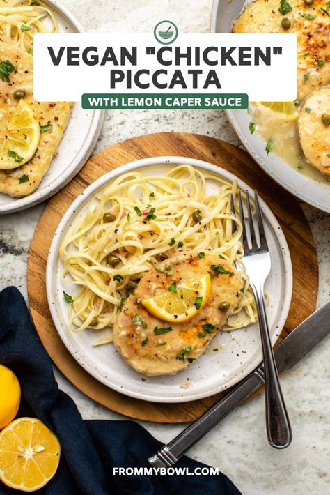 This Vegan Chicken Piccata is made from pan-seared crispy tofu and served in a creamy vegan butter lemon caper sauce for a cozy main dish. Vegan Chicken Piccata, Lemon Caper Tofu, Ways To Cook Tofu, Chicken Chasseur, Chicken Scallopini, Tofu Chicken, Lemon Caper Sauce, Piccata Recipe, Caper Sauce