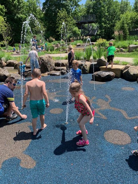 Splash Pad and Kid's Creek at Klehm Arboretum | Stateline Kids Outdoor Splash Pad, Splash Pad Design, Diy Campground, Splash Pad Backyard, Kids Splash Pad, Backyard Splash Pad, Purple Cafe, Water Play For Kids, Kids Sprinkler