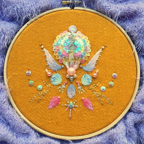 Embroidery by William KW on Instagram: “This iridescent/mustard piece is the 4th creature in my series 🌈✨ Created with thread, sequins and beads 💞 The headplate was created with a…” Embroidery Icons, Embroidery Things, Water Colour Art, Embroidery Beads, Colour Art, Felt Embroidery, Galentines Day, Make Stuff, Embroidery Flowers Pattern