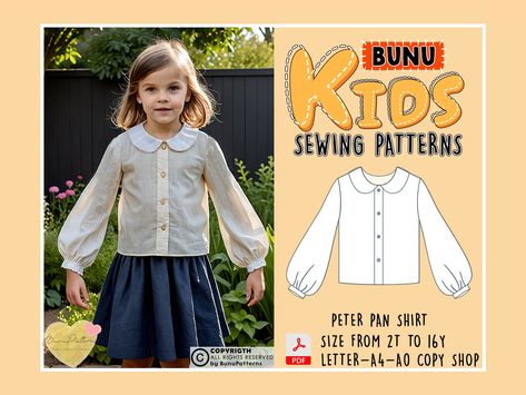 Girl Peter Pan Collar Shirt Sewing Pattern, Bishop Sleeve Girl Shirt PDF Sewing Pattern, Kid Sewing Patterns, 2T-16Y Sizes, Instant Download Peter Pan Blouse Pattern, Kid Sewing Patterns, Peter Pan Blouse, Peter Pan Shirt, Peter Pan Collar Shirt, Shirt Sewing, Shirt Sewing Pattern, Sewing Patterns For Kids, Blouse Pattern Sewing