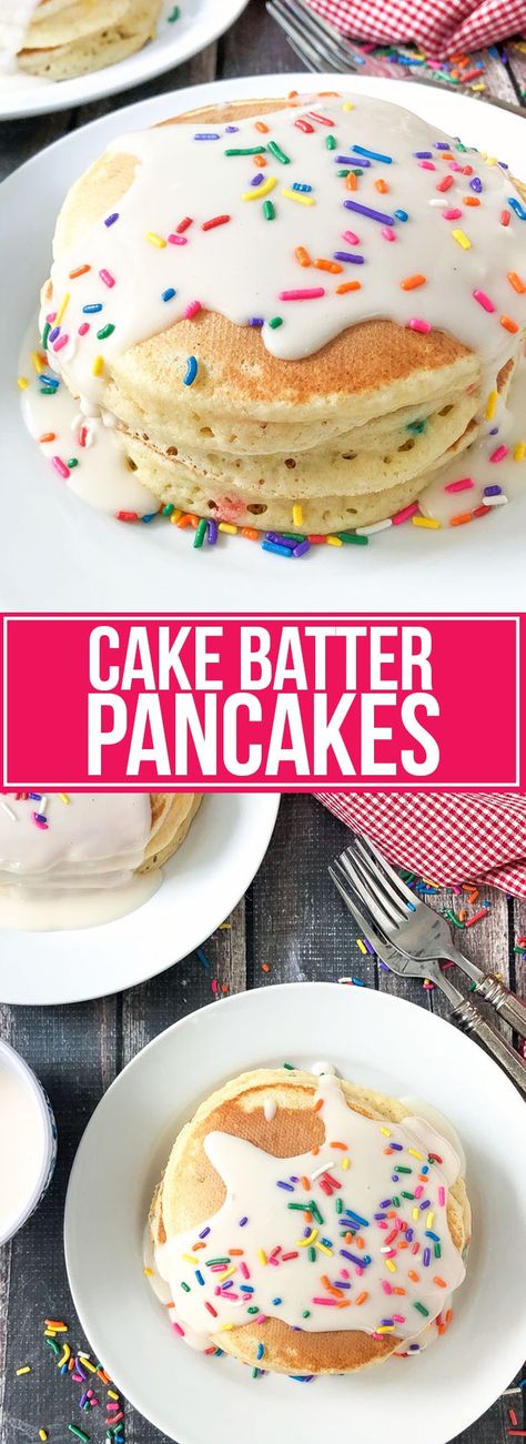 Celebrate any occasion with these festive Cake Batter Pancakes! These fluffy pancakes are made with cake mix and a few other simple pantry ingredients! Cake Batter Cheesecake, Cake Batter Pancakes, Cake Mix Pancakes, 2 Ingredient Cakes, Cake Batter Truffles, Cake Batter Fudge, Cake Batter Protein, Cake Batter Dip, Gourmet Pancakes