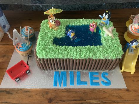 Old school swimming pool cake with Bluey “The Pool” figurines to make a Bluey pool cake. Bluey Birthday Cake Ideas, School Swimming Pool, Pool Birthday Cakes, Bluey Birthday Cake, Swimming Pool Cake, Pool Cake, Cupcake Images, 4th Birthday Cakes, Bluey Birthday