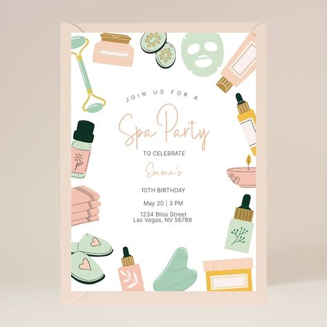 Spa Birthday Party Invitation Editable on Corjl Digital - Etsy Cyprus Spa Birthday Party Invitations Printable, Spa Day Birthday Party Invitations, Girls Spa Party Invitations, Spa Party Invites For Kids, Spa Party Invitations Free Printable, Spa Invitations Ideas, Skincare Sleepover, Spa Day Invitations, Spa Invitations