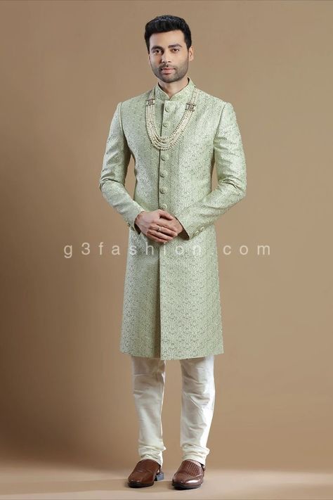 Wedding Groom Sherwani, Pista Colour, Men's Wedding Wear, Wedding Wear For Men, Sherwani Wedding, Pista Green Colour, Groom Sherwani, Boys Kurta Design, Mens Wear Wedding