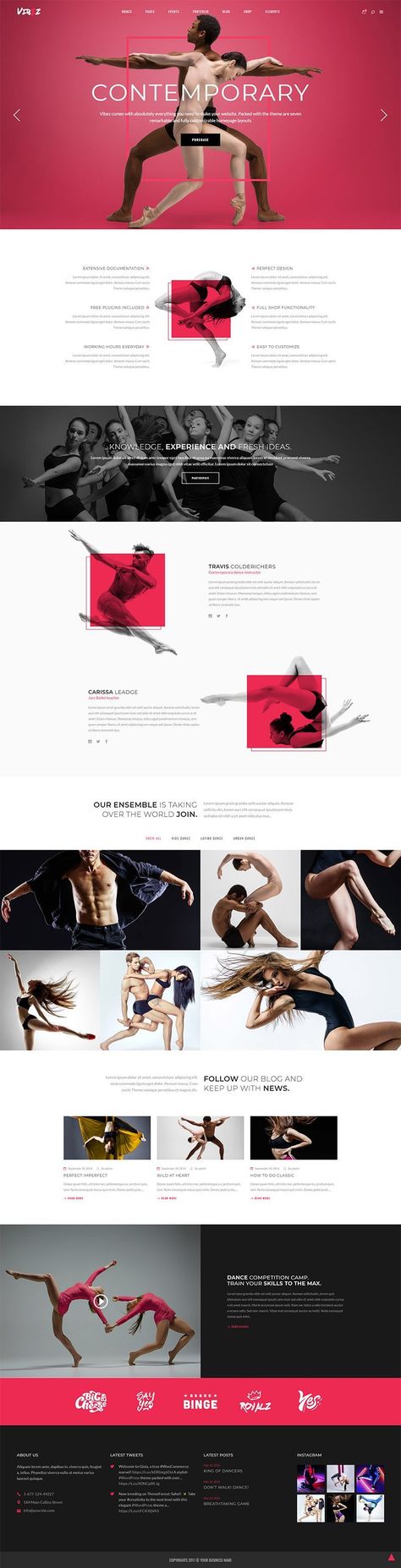 Packed with an astounding and easily customizable blog, shop and portfolio layouts, Vibez WordPress theme will provide you with all you need for your website: introduce every dance instructor, showcase your classes, sell online & more.   #wordpress #theme #layout #template #webdesign #design #sport #dance #dancestudio #danceinstructor Gymnastics Website Design, Dance Studio Website Design, Dance Website Design, Dance Studio Website, Modern Dance Studio, Dance Portfolio, Dance Studio Design, Dance Studios, Photoshop Design Ideas