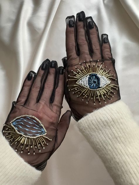 Embroidered Tulle Gloves | Mesh Gloves | Stashe Saturn Pisces, Evil Eye Outfit, Fashion Symbols, Gloves Aesthetic, Eye Accessories, Tulle Gloves, Ropa Upcycling, Printed Gloves, Eye Motif