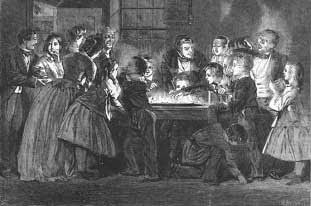 A Family Playing Snapdragon in 1858. This was game involving heated brandy, a shallow bowl, and dim lights. Raisins were placed inside the brandy and lit, and people were supposed to remove the raisins without getting burnt.