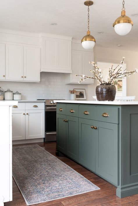 Beige Cabinets Green Island, Green Island Cabinets, Olive Island Kitchen, Cyberspace Kitchen Cabinets, Green Lower Kitchen Cabinets, Green Paint Colours, Farmhouse Reno, Benjamin Moore Kitchen, Painted Kitchen Island