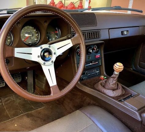 Porsche 924S with beautiful retro-styled interior. Wheel by Nardi, shifter by Build by Basil. Porsche 924 Interior, 924 Porsche, Porsche 924s, Porsche Wheels, Porsche 924, Porsche 944, Car Interiors, Mercury Cougar, Steering Wheels