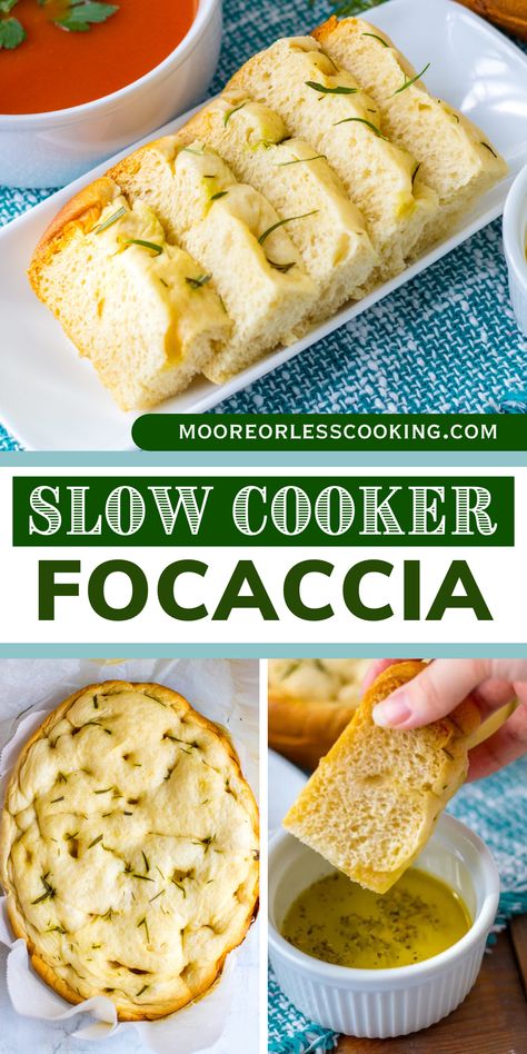 Foccacia Bread Slow Cooker, Slow Cooker Herb Bread, Crock Pot Foccacia Bread, Slow Cooker Focaccia, Easy Slow Cooker Bread Recipes, Focaccia Bread In The Crockpot, Slow Cooker Bread Easy, Slow Cooker Sourdough Bread, Crock Pot Focaccia Bread