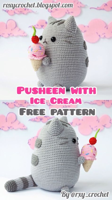 Stripey Cat Free Crochet Pattern, Hello Kitty Pusheen Crochet Pattern, Arugumi Crochet Animals Free Pattern, My Love Crochet, Amigurumi Cats Free Pattern, Crochet Pusheen Cat, Ice Cream Amigurumi Free Pattern, Free Crochet Printables, Crochet Cat Pattern Free Amigurumi Kitty