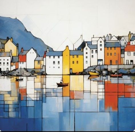 Urban Drawing Architecture, Scottish Painting, Isle Of Skye Scotland, Harbour Town, Skye Scotland, Architecture Drawing Art, Geometric Forms, 수채화 그림, Abstract Art Landscape