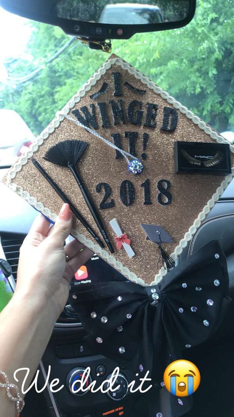 High school makeup theme graduation cap Graduation Cap Designs Makeup, Esthetician Grad Cap, Hairstylist Graduation Cap Ideas, Graduation Cap Designs Cosmetology, Esthetician Graduation Cap, Cosmetology Graduation Cap, Cosmetology School Graduation, Beauty School Graduation, College Graduation Decorations