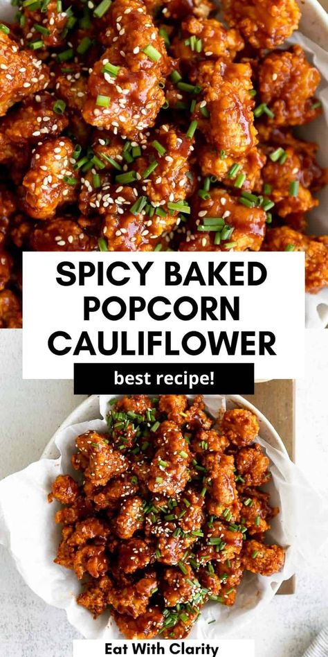 This spicy baked korean popcorn cauliflower is light, crispy and healthy. This vegan baked cauliflower recipe is perfect as a simple gluten free appetizer, snack or even main dish. It's spicy, easy to make and tastes like cauliflower wings! Cauliflower Bites Recipes, Vegan Baked Cauliflower, Popcorn Cauliflower, Gluten Free Appetizer, Baked Cauliflower Recipe, Appetizer For A Crowd, Cauliflower Recipes Healthy, Spicy Cauliflower, Cauliflower Dishes