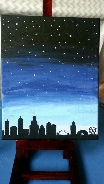 Diy acrylic on canvas #chicago #skyline Skyline Painting Acrylic, City Lights Painting Easy, Chicago Painting Easy, Skyline Canvas Painting, Painting Ideas On Canvas City Skyline, Chicago Skyline Painting, Nature Paintings Acrylic, Chicago Skyline Canvas, Canvas Art Painting Acrylic