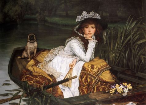 Young Lady in a Boat (1870) by James Jacques Joseph Tissot (1836-1902), French painter who spent much of his career in Britain. Tissot exhibited in the Paris Salon and was friends with Edgar Degas and James Whistler (Plum leaves) James Tissot, World Famous Paintings, Dante Gabriel Rossetti, John Everett Millais, Karakter Disney, John Singer Sargent, William Turner, Boat Art, A Pug