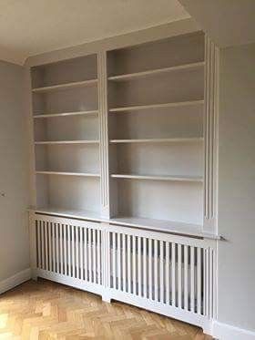 Radiator In Bookcase, Fitted Shelves Living Room Bookcases, Bookshelves Over Radiator, Shelving Above Radiator, Bookshelf Over Radiator, Built Ins Around Radiator, Radiator Storage Ideas, Over Radiator Storage, Hidden Radiator