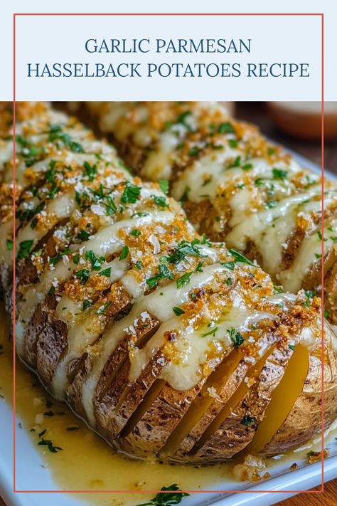 Garlic Parmesan Hasselback Potatoes are perfectly crispy with a cheesy flavor, an ideal side dish. This pin features a beautifully roasted dish of sliced potatoes enhanced with garlic and Parmesan. Crispy Garlic, Hasselback Potatoes, Potato Sides, Fall Dishes, Recipes Appetizers And Snacks, Potato Side Dishes, Potatoes Recipe, Garlic Parmesan, Perfect Side Dish