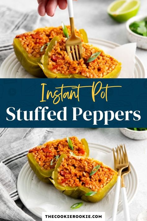 These sweet and spicy Instant Pot Stuffed Peppers are the perfect dish to serve on a cold winter night. It’s cooked rice, fresh tomatoes, shredded cheese, and savory spices stuffed in peppers to create a healthy meal, all in one neat package. And it’s vegetarian-friendly! Pop over to my site for the recipe! | dinner recipes | vegetarian recipes | instant pot recipes | easy meals | Stuffed Peppers Vegan, Instant Pot Stuffed Peppers, Vegan Stuffed Peppers, Easy Stuffed Peppers, Stuffed Peppers Recipe, The Cookie Rookie, Cookie Rookie, Quinoa Salad Recipes, Fajita Recipe