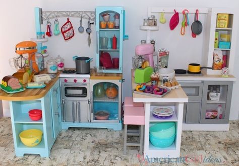 DIY American Girl Doll Gourmet Kitchen • American Girl Ideas | American Girl Ideas American Girl Kitchen, Ag Doll House, American Girl House, Diy Kids Kitchen, American Girl Doll Room, American Girl Doll Sets, American Girl Furniture, Doll Kitchen, Girls Furniture