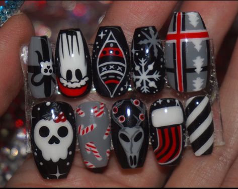 Christmas Ghost Nails, Christmas Horror Nails, Goth Holiday Nails, Scary Christmas Nails, Creepmas Nails, Emo Christmas Nails, Creepy Christmas Nails, Krampus Nails, Alternative Christmas Nails