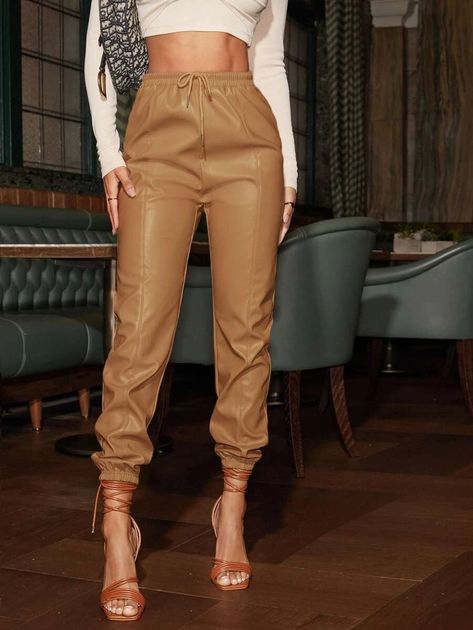 SHEIN Knot Waist PU Leather Pants | SHEIN USA Leather Scrunch Pants Outfit, Khaki Leather Pants Outfit, Tan Leather Pants Outfit, Nude Leather Pants, White Leather Pants Outfit, Baggy Leather Pants Outfit, Cream Leather Pants Outfit, Leather Cargo Pants Outfit, Leather Joggers Outfit