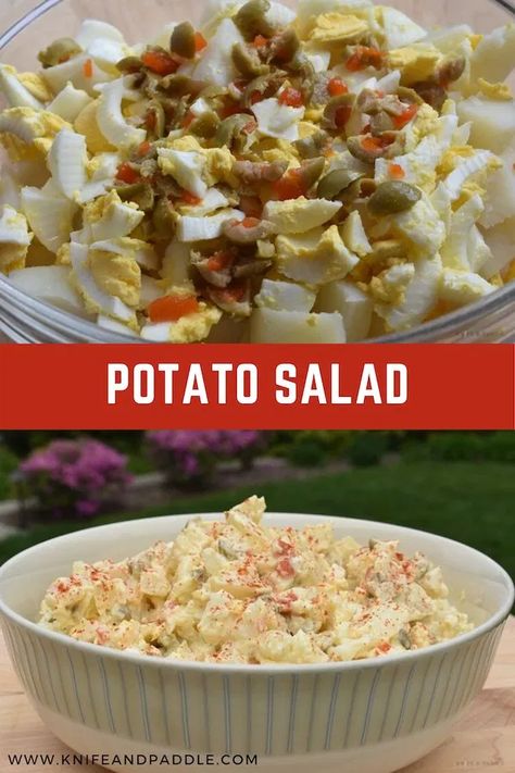 Simply Delicious Potato Salad - This simply delicious potato salad is creamy and fresh with an unexpected twist. Pimento stuffed green olives add a big punch of flavor that makes this recipe a winner!  www.knifeandpaddle.com Potato Salad With Green Olives And Egg, Green Olive Potato Salad, Potato Salad With Green Olives, Potato Salad With Olives, Delicious Potato Salad, Parmesan Potato Wedges, Olive Salad, Potato Sides, Simply Delicious