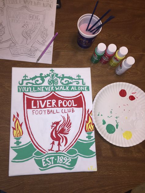 LiverPool FC Logo Painting. Canvas acrylic paints and small paint brushes done by me. (: -Laurel Parris #ynwa #liverpoolfc Liverpool Logo Drawing, Logo Painting Canvas, Liverpool Painting, Cute Anniversary Ideas, Liverpool Fc Logo, Liverpool Poster, Liverpool Logo, Football Canvas, Logo Painting