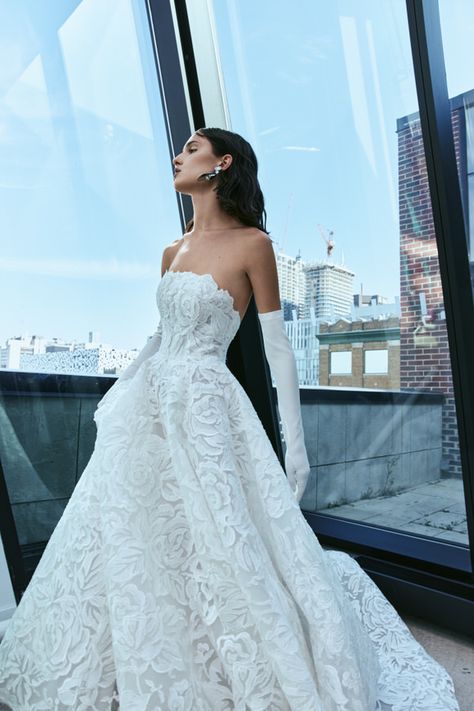 Frankie from the RIVINI collection by Rita Vinieris. Rita Vinieris Wedding Dress, Fall 2024 Wedding, Rivini By Rita Vinieris, Wedding Dress With Gloves, Gloves Bride, Bridal 2023, Timeless Wedding Gown, A Line Ball Gown, Rita Vinieris