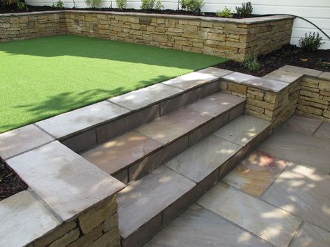 Level Garden Ideas, Split Level Garden, Level Garden, Low Maintenance Garden Design, Patio Steps, Stone Steps, Tiered Garden, Garden Paving, Back Garden Design