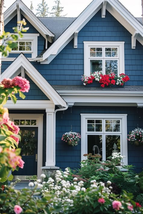 40+ Blue Home Exterior Paint Ideas Blue Stucco House Exterior, Blue Houses Exterior, Blue House White Trim, Home Exterior Paint Ideas, Cape House Exterior, Blue Home Exterior, Blue Exterior House Colors, Cottage Paint Colors, Home Exterior Paint